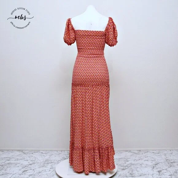 L*SPACE Simone Floral Square‎ Neck Short Sleeve Smocked High Low Maxi Dress - Picture 9 of 16